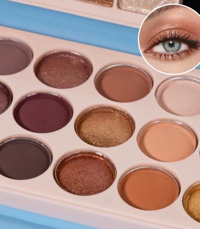 Close-up of a 12-color eyeshadow palette with shimmer and matte shades, and a zoomed-in image of a beautifully made eye with eyeshadow in the upper corner.