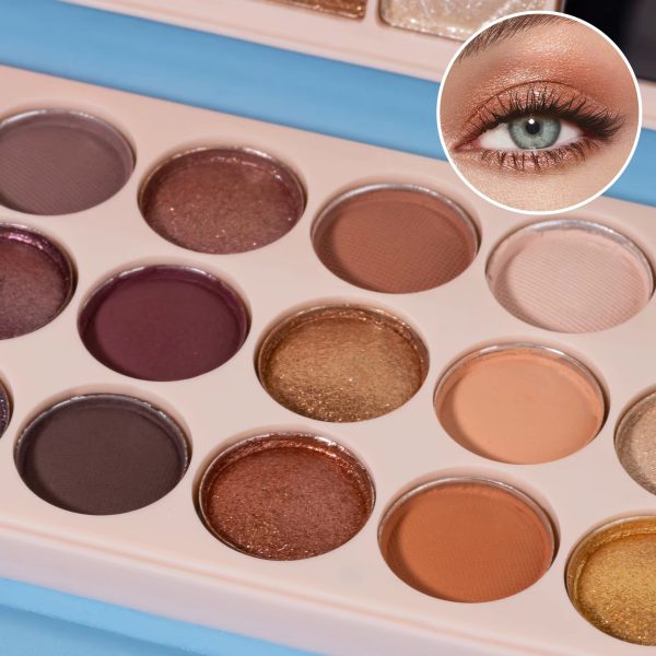 Close-up of a 12-color eyeshadow palette with shimmer and matte shades, and a zoomed-in image of a beautifully made eye with eyeshadow in the upper corner.