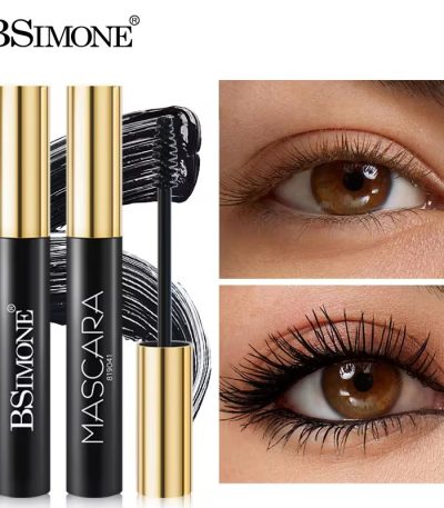 Close-up of a woman's eye with and without mascara, showcasing the dramatic lash transformation, alongside sleek black and gold mascara tubes.