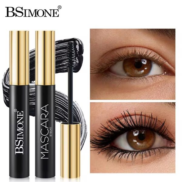 Close-up of a woman's eye with and without mascara, showcasing the dramatic lash transformation, alongside sleek black and gold mascara tubes.