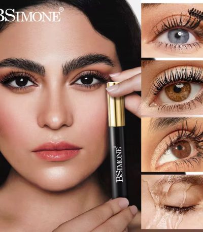 Close-up of a woman's eye with and without mascara, showcasing the dramatic lash transformation, alongside sleek black and gold mascara tubes.