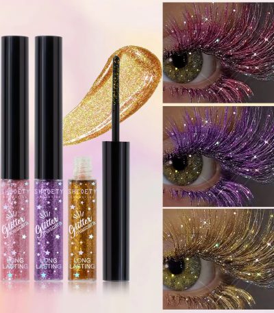 Glitter mascara tubes and sparkly eye makeup applications in pink, purple, and gold shades.