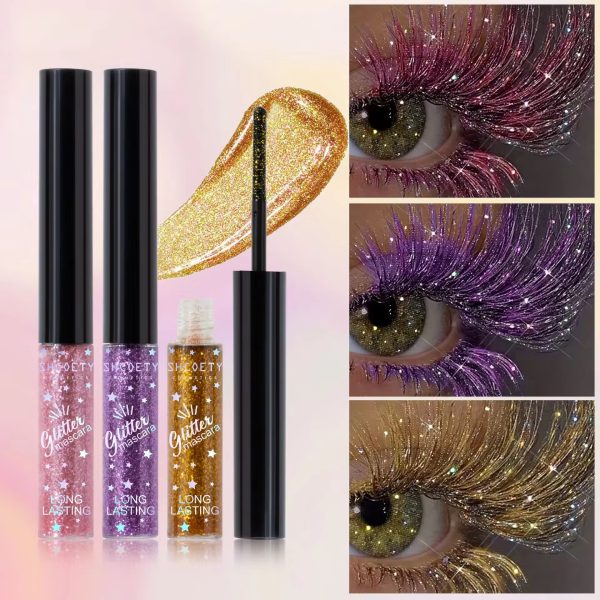 Glitter mascara tubes and sparkly eye makeup applications in pink, purple, and gold shades.