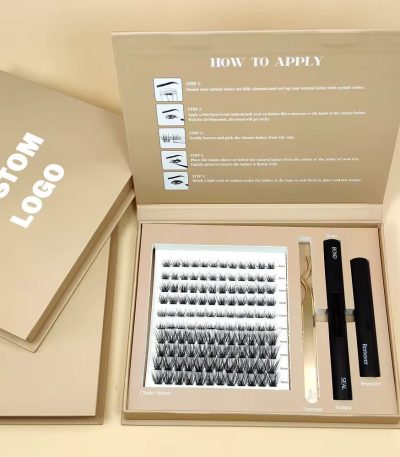 Luxurious cluster lashes kit with application tools and custom logo, presented in an elegant beige box.