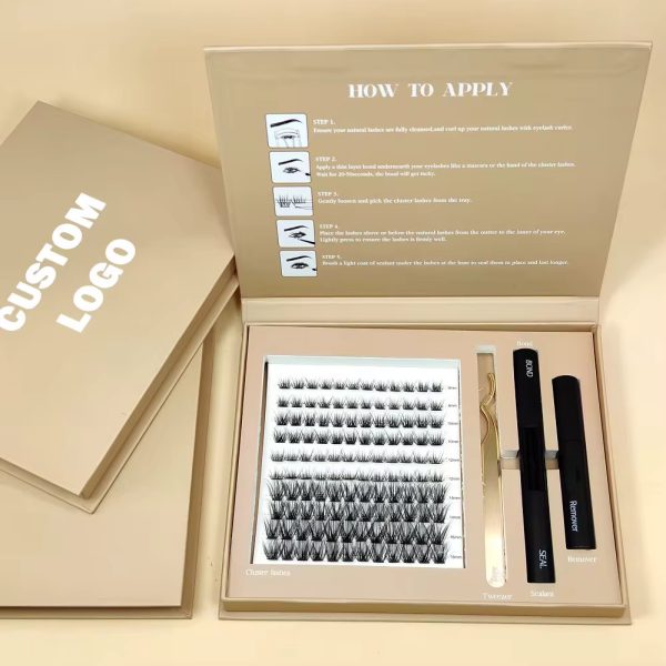 Luxurious cluster lashes kit with application tools and custom logo, presented in an elegant beige box.