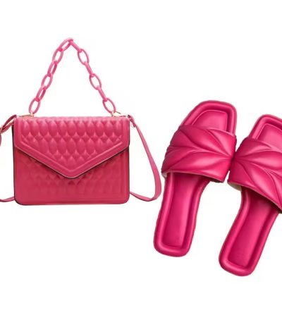 A vibrant pink quilted leather handbag with chain strap alongside matching pink knot sandals, epitome of luxury fashion accessories.