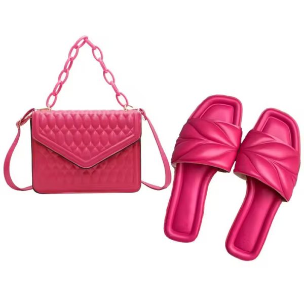 A vibrant pink quilted leather handbag with chain strap alongside matching pink knot sandals, epitome of luxury fashion accessories.