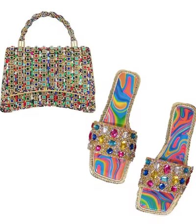 A luxurious multicolored beaded handbag and sandal set, featuring intricate designs and vibrant colors, perfect for adding a touch of elegance to any outfit.