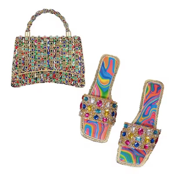 A luxurious multicolored beaded handbag and sandal set, featuring intricate designs and vibrant colors, perfect for adding a touch of elegance to any outfit.