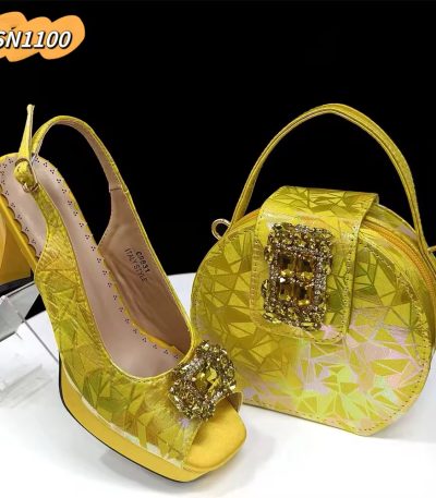 A pair of yellow wedge heel shoes and a matching handbag with embellishments, perfect for adding a touch of luxury to any outfit.