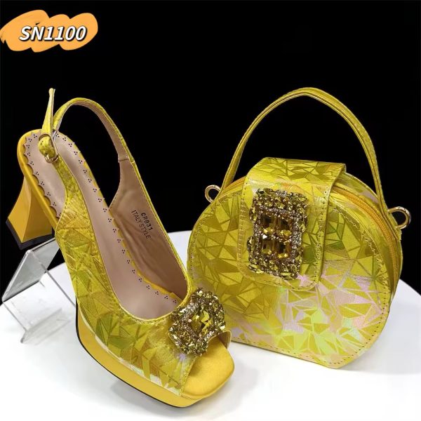 A pair of yellow wedge heel shoes and a matching handbag with embellishments, perfect for adding a touch of luxury to any outfit.