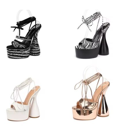 A collection of high-heeled sandals with rhinestones and exotic prints, showcasing luxurious designs and impeccable craftsmanship.