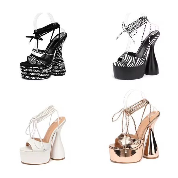 A collection of high-heeled sandals with rhinestones and exotic prints, showcasing luxurious designs and impeccable craftsmanship.