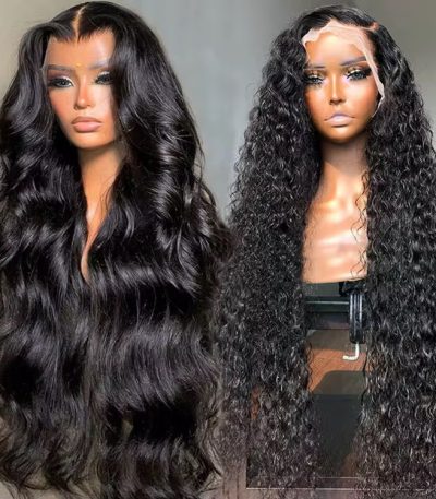 Two mannequin heads showcasing long black wavy and curly lace front wigs, highlighting the natural look and luxurious feel of the hair.