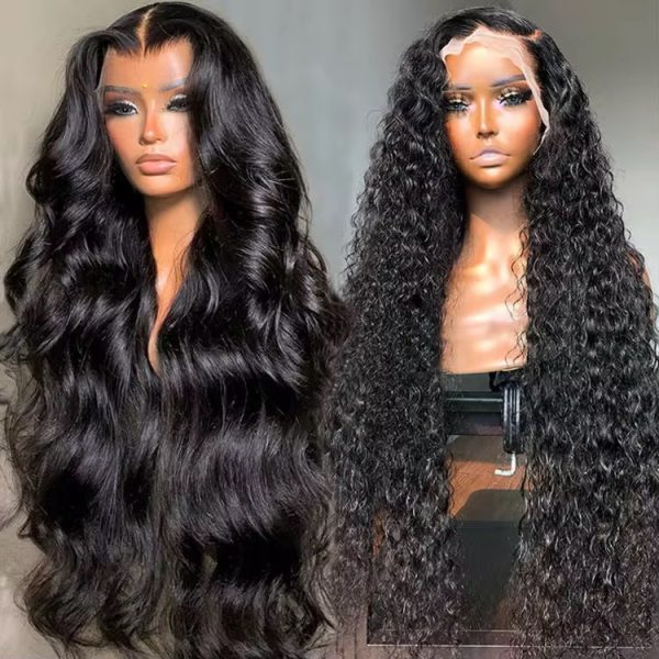 Two mannequin heads showcasing long black wavy and curly lace front wigs, highlighting the natural look and luxurious feel of the hair.