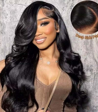 A woman modeling a luxurious deep side part long curly wig with a natural hairline, exuding elegance and sophistication.