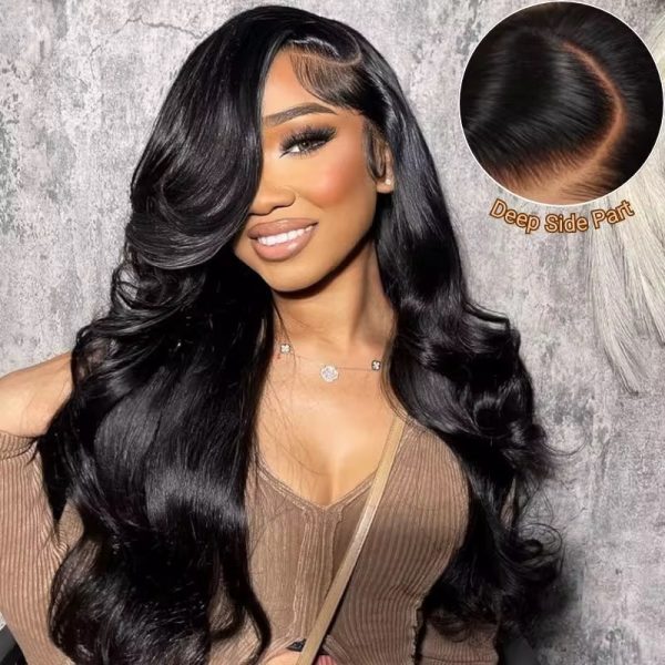 A woman modeling a luxurious deep side part long curly wig with a natural hairline, exuding elegance and sophistication.