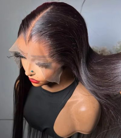 A stunning dark brown 360° lace frontal wig on a mannequin head, showcasing its natural hairline and sleek, flowing locks.