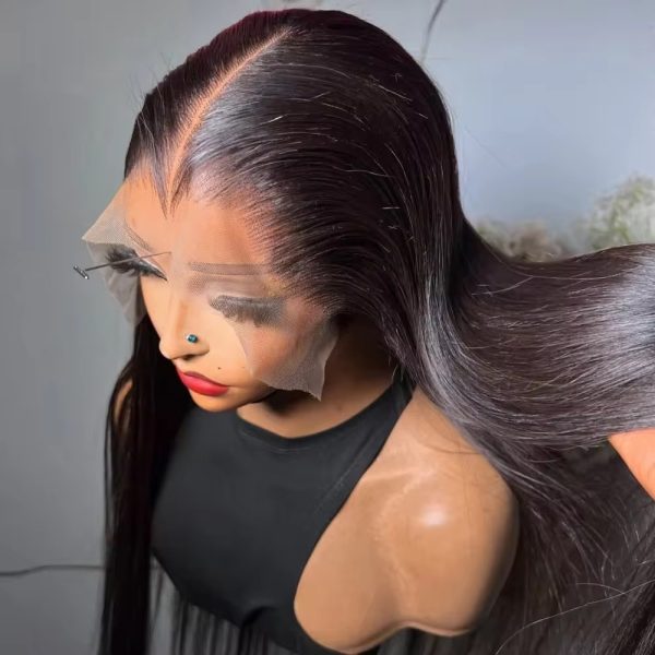 A stunning dark brown 360° lace frontal wig on a mannequin head, showcasing its natural hairline and sleek, flowing locks.