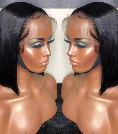 Two mannequin heads showcasing a luxurious black bob frontal wig with a silky texture, ideal for adding a touch of elegance to any look.