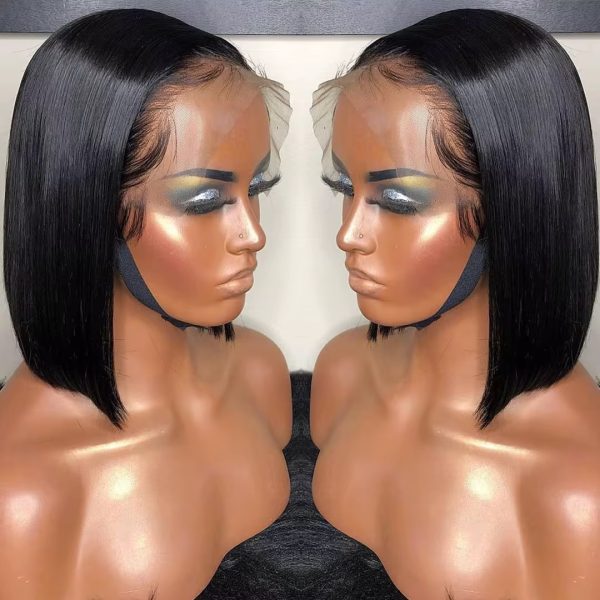 Two mannequin heads showcasing a luxurious black bob frontal wig with a silky texture, ideal for adding a touch of elegance to any look.