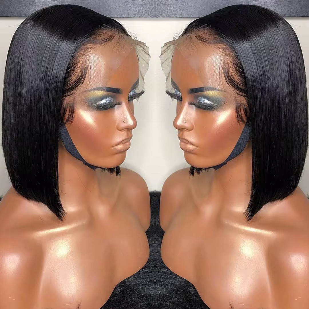 IMG_5638 Two mannequin heads showcasing a luxurious black bob frontal wig with a silky texture, ideal for adding a touch of elegance to any look.