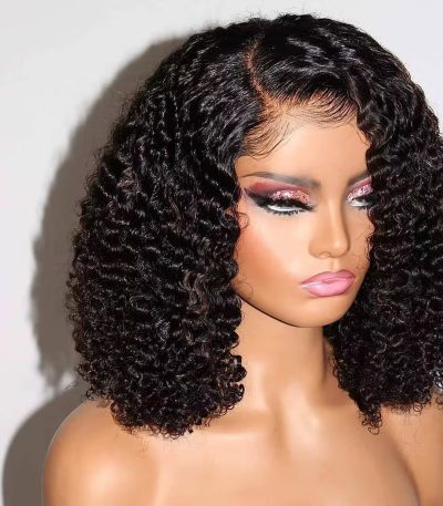 A stunning deep curly bob lace front wig on a mannequin head, showcasing its natural look and luxurious texture.