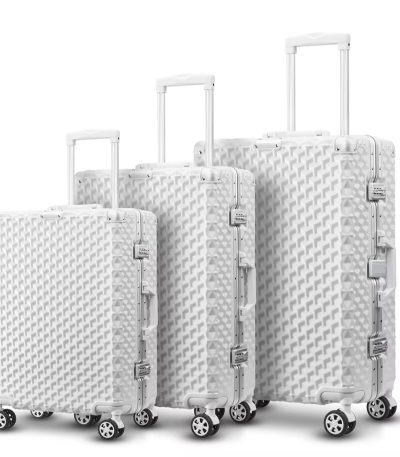 A set of four white polycarbonate suitcases with spinner wheels, varying in size, against a clean white background.