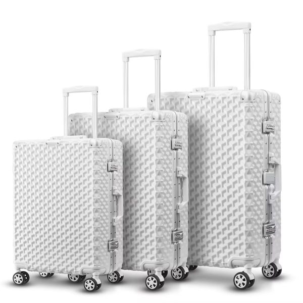 A set of four white polycarbonate suitcases with spinner wheels, varying in size, against a clean white background.
