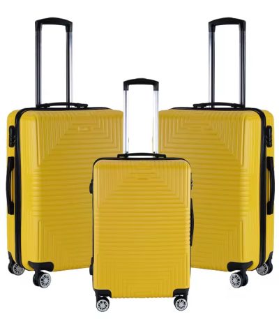 A set of three yellow suitcases with black handles and wheels, perfect for travelers seeking a stylish and durable luggage solution.