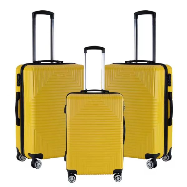 A set of three yellow suitcases with black handles and wheels, perfect for travelers seeking a stylish and durable luggage solution.