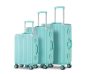 A set of three turquoise suitcases with telescopic handles and wheels, perfect for luxurious travel experiences.