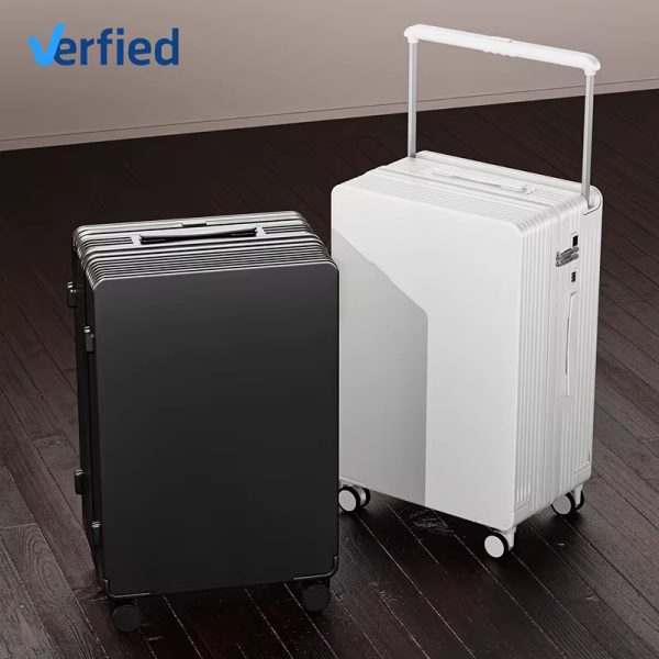 Two sleek, modern suitcases, one black and one white, with a sturdy handle and smooth-rolling wheels, perfect for the discerning traveler seeking luxury and reliability.