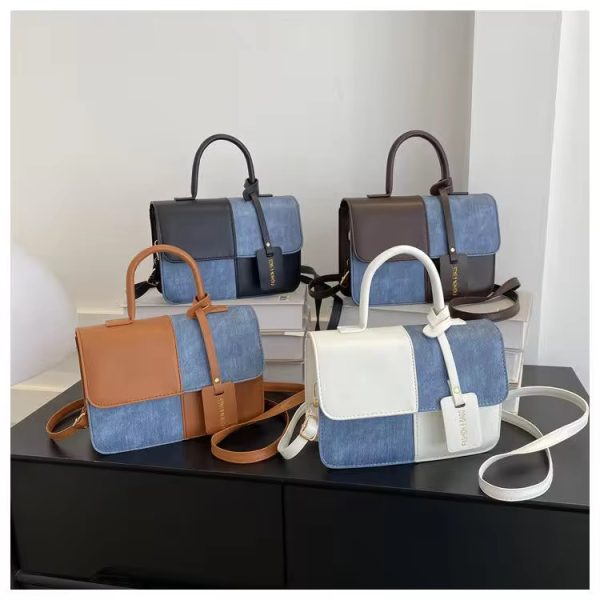 A collection of stylish denim patchwork handbags with leather accents in various colors, perfect for adding a touch of luxury to any outfit.
