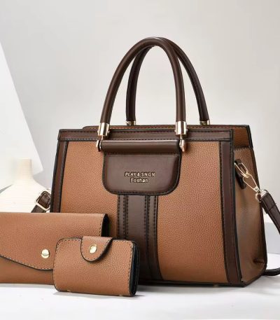 A luxurious 3-piece brown leather handbag set with gold accents, featuring a spacious handbag, clutch, and wallet.