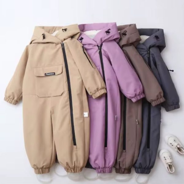 A collection of high-quality, hooded jumpsuits in various colors, laid out neatly with a pair of baby shoes, showcasing comfort and style for kids.
