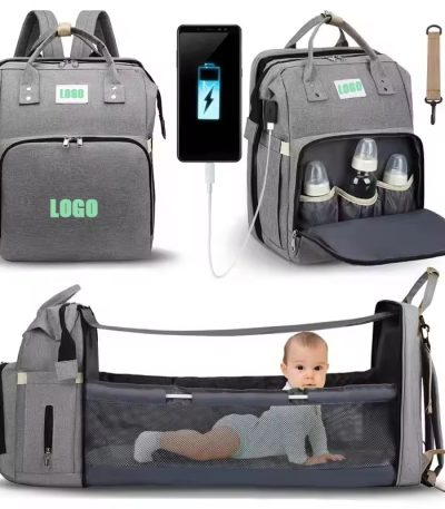 A luxurious 3-in-1 baby backpack with changing pad, bottle holders, and charging port, perfect for modern parents seeking style and functionality.