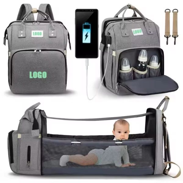 A luxurious 3-in-1 baby backpack with changing pad, bottle holders, and charging port, perfect for modern parents seeking style and functionality.