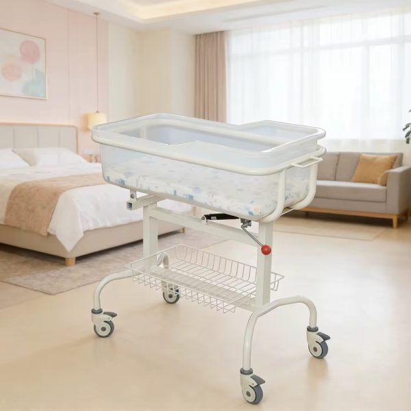 A luxurious baby bathtub stand with wheels and storage basket, perfect for comfortable and convenient bathing.